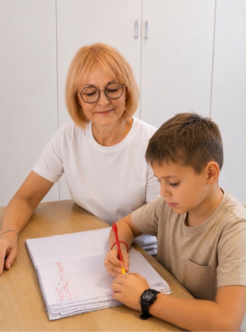 Terapia pedagogiczna — pedagog pracuje z uczniem nad ćwiczeniami w zeszycie